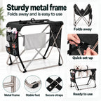 Black TailCare stand showing the folding metal frame, stable feet and secure straps
