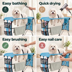 Four TailCare grooming uses: bathing, drying, brushing and nail care