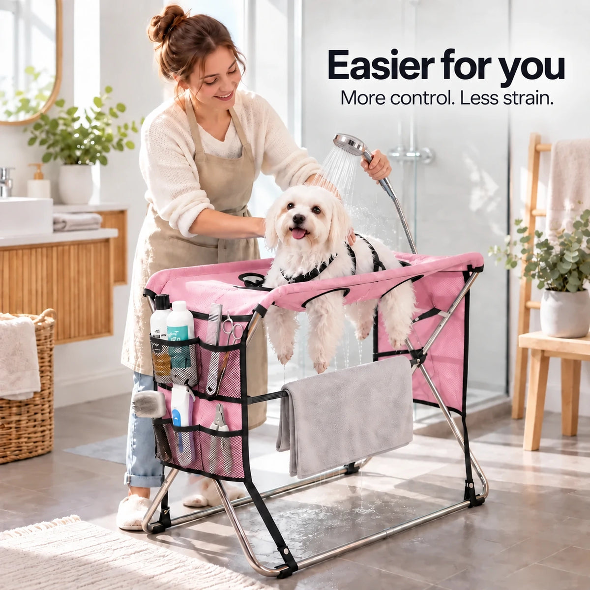 Owner bathing a calm dog on the pink TailCare grooming stand